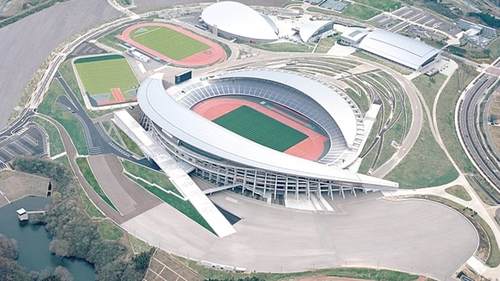 Vista aerea dello stadio Miyagi. Stadi Tokyo 2021.
