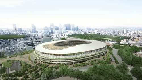 Esterno dello Stadio Olimpico di Tokyo. Stadi Tokyo 2021.