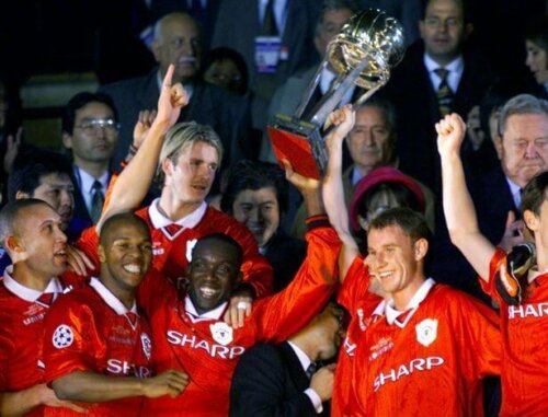 Manchester United etter å ha vunnet mesterskapet i 1996.