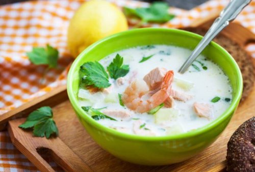 bowl with chowder and shrimp