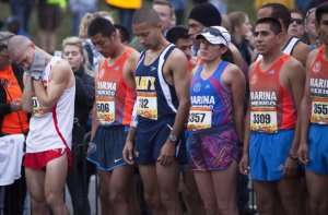 Group of runners about to start a marathon.
