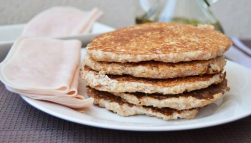 oatmeal protein pancakes stack of pancakes with deli ham on the side