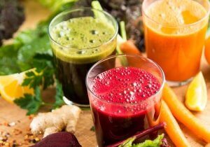 Colorful glasses of fruit juice.