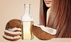Bottle of coconut oil used as conditioner.