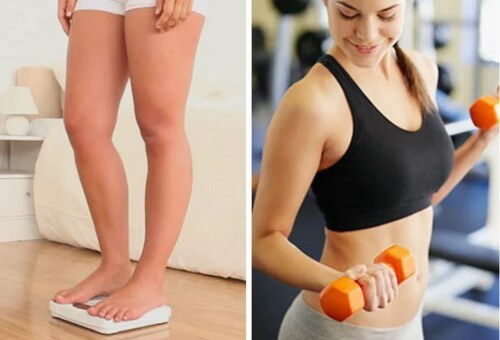 Two images woman at gym and on scale