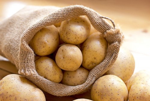 Burlap bag full of fresh potatoes