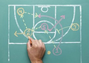 Drawing the pick and roll play on a chalkboard