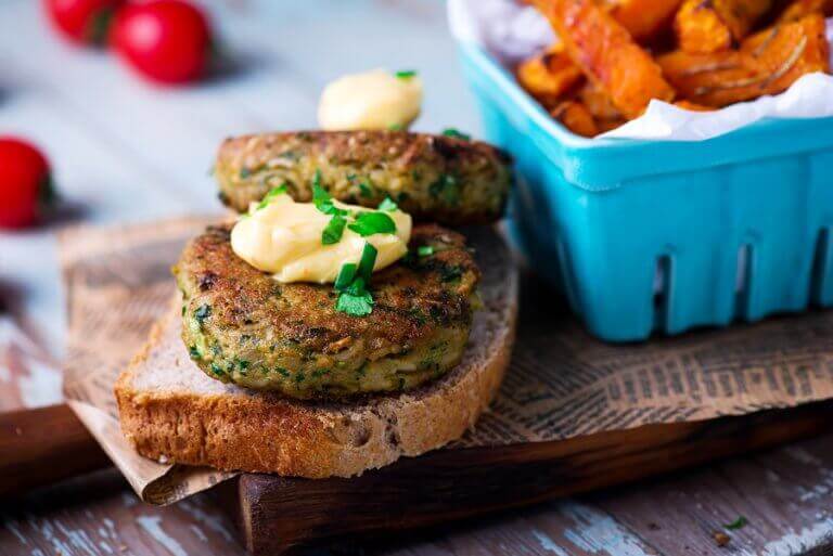 Vegtarian tofu burget on a piece of whole wheat bread