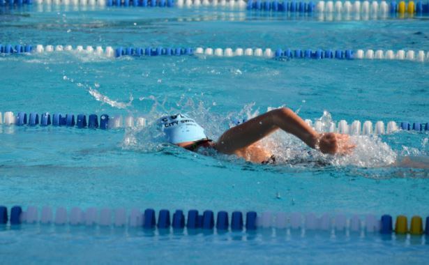 A person swimming in an Olympic pool as part of their cardio training