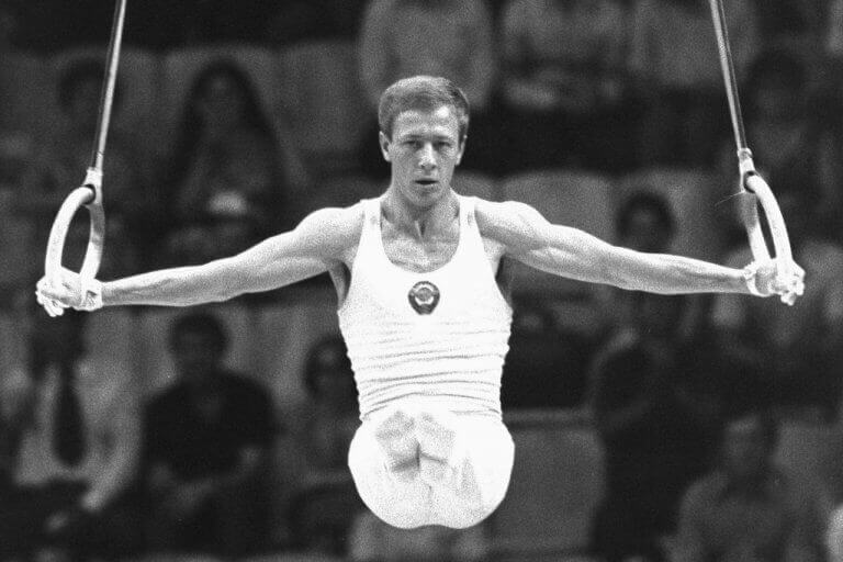 Nikolai Adrianov during a Still Rings Olympic event