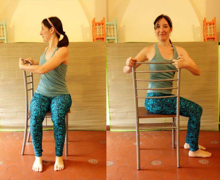 Woman doing different yoga routines used a desk chair