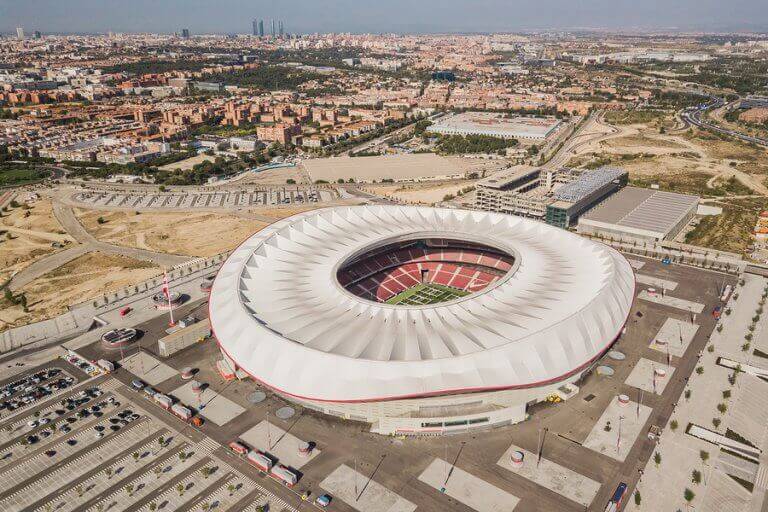 A top view of the Wanda Metropolitano stadium, one of the biggest stadiums in Spain