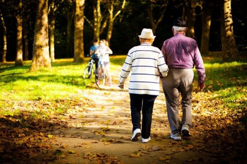 An elderly couple taking a walk to support text on walking