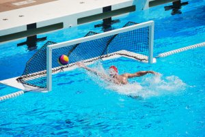 A goal being scored in water polo. 