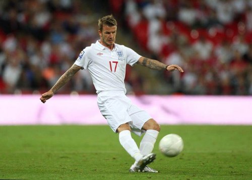 David Beckham kicking a soccer ball.