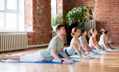 People stretching at a yoga class.