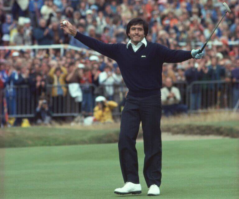 Seve Ballesteros holding a golf stick and ball