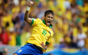 Neymar playing soccer for the Brazilian team.