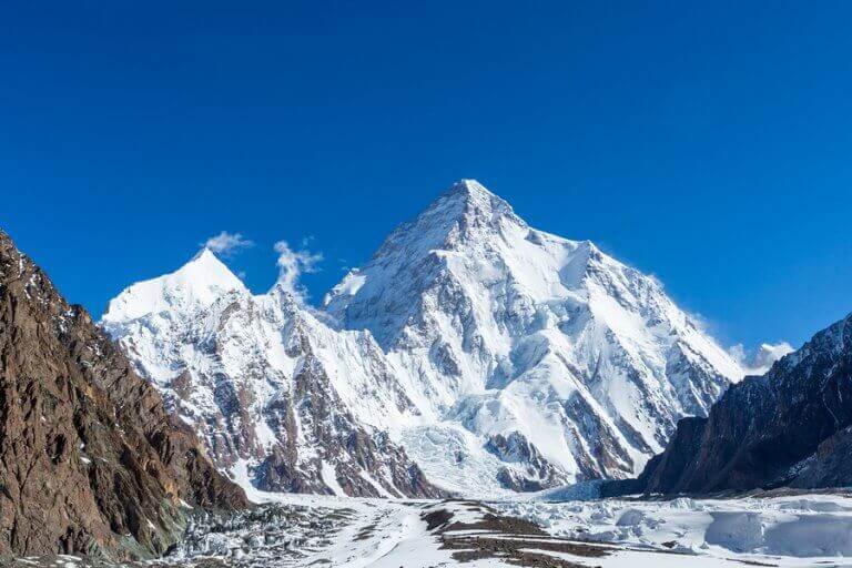 The snowy k2 mountain is one of the most difficult to climb in the world