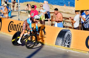 A cyclist competing in the Vuelta a España.