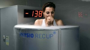 A woman doing cryotherapy.