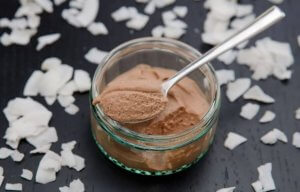 Chocolate mousse and coconut flakes.