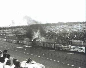 A fiery car crash showing one of the worst sports tragedies.
