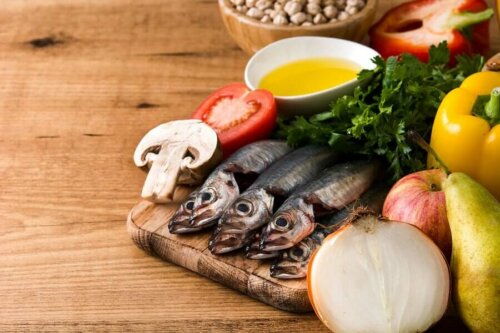 Healthy foods on a wooden table.