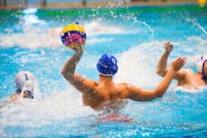 Players in a water polo match.