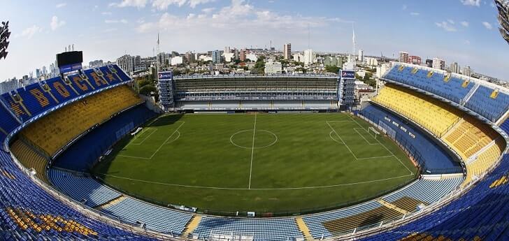 The blue and yellow stands of the Bombonera, home stadium of the Boca Juniors team