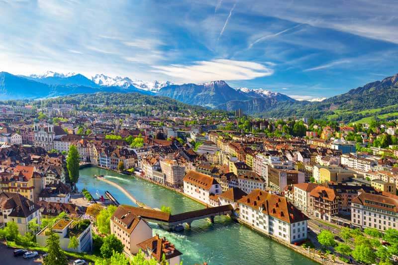 Aerial view of a small town in Switzerland