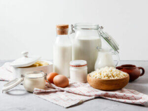A selection of eggs and dairy products.