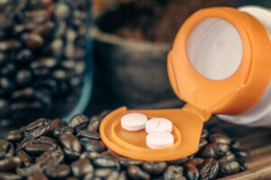 Coffee beans and caffeine tablets.