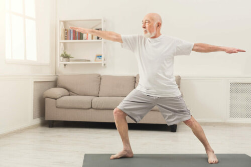 An old man doing yoga.