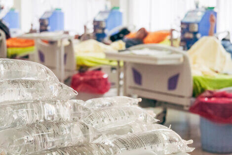 Hemodialysis fluid bags.