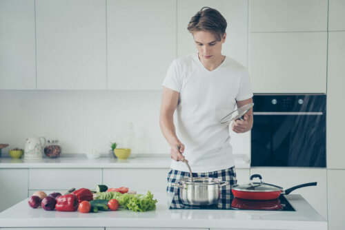 A man cooking healthy foods.