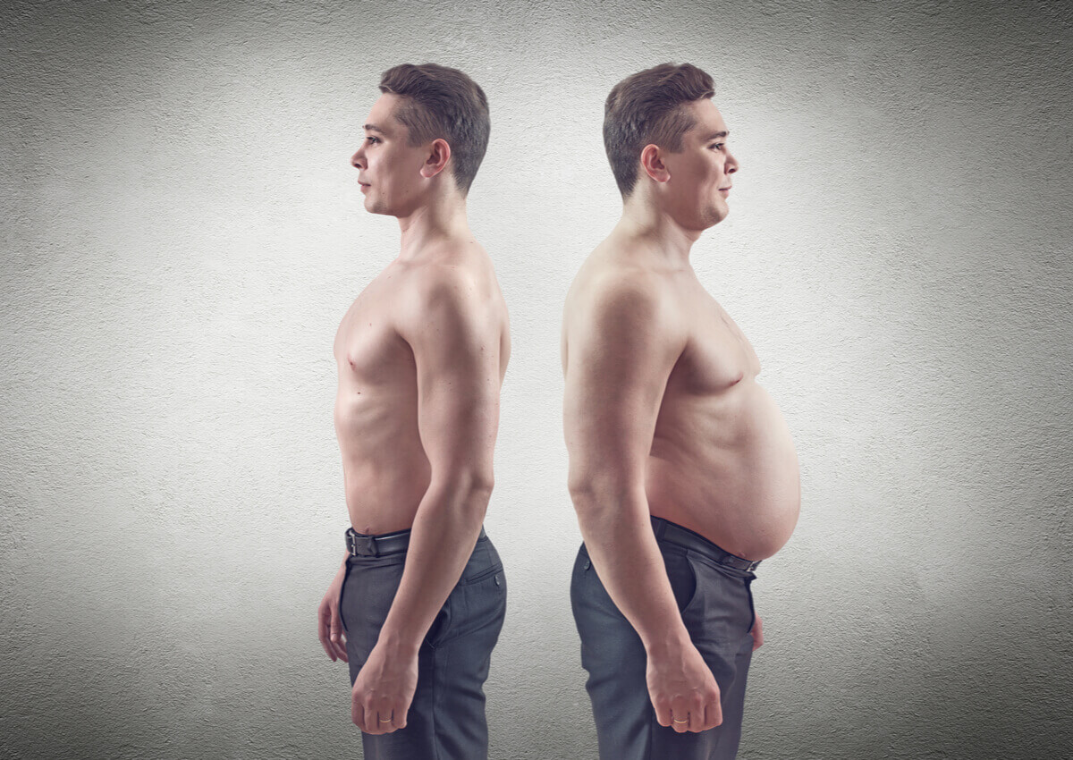 A man with and without abdominal fat.