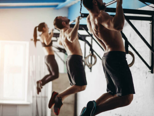 People doing chin-ups.