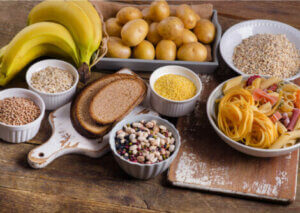 A collection of foods rich in carbohydrates.