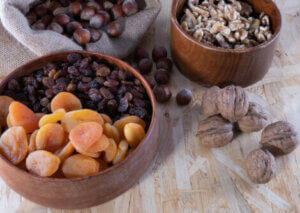 Dried fruit and nuts, which contain the most calories.