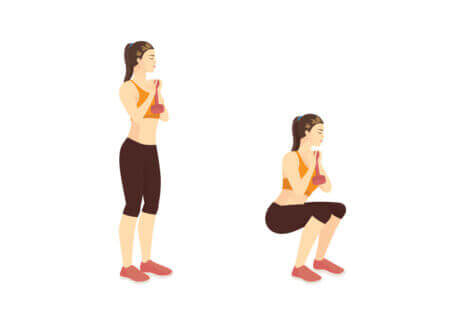 Illustration on how to do a goblet squat.