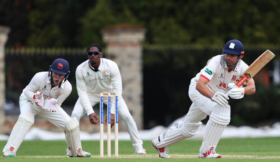 Cricket players in the middle of a game.