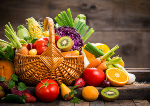 A basket full of fruits and veggies.