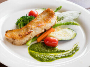 Chicken and vegetables on a plate.