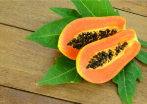 Papaya halves with seeds.