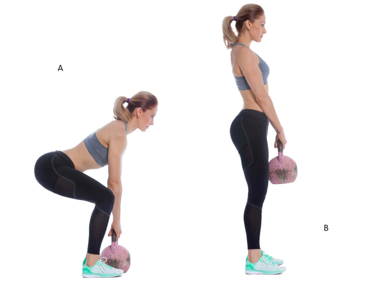 A woman demonstrating the correct way to do a deadlift with a kettlebell.