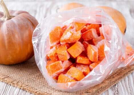 A bag of frozen pumpkin cubes.