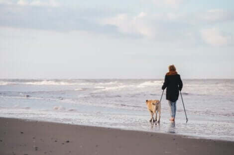 A woman walking with poles along a beach.