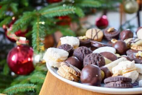A plate full of Christmas sweets.