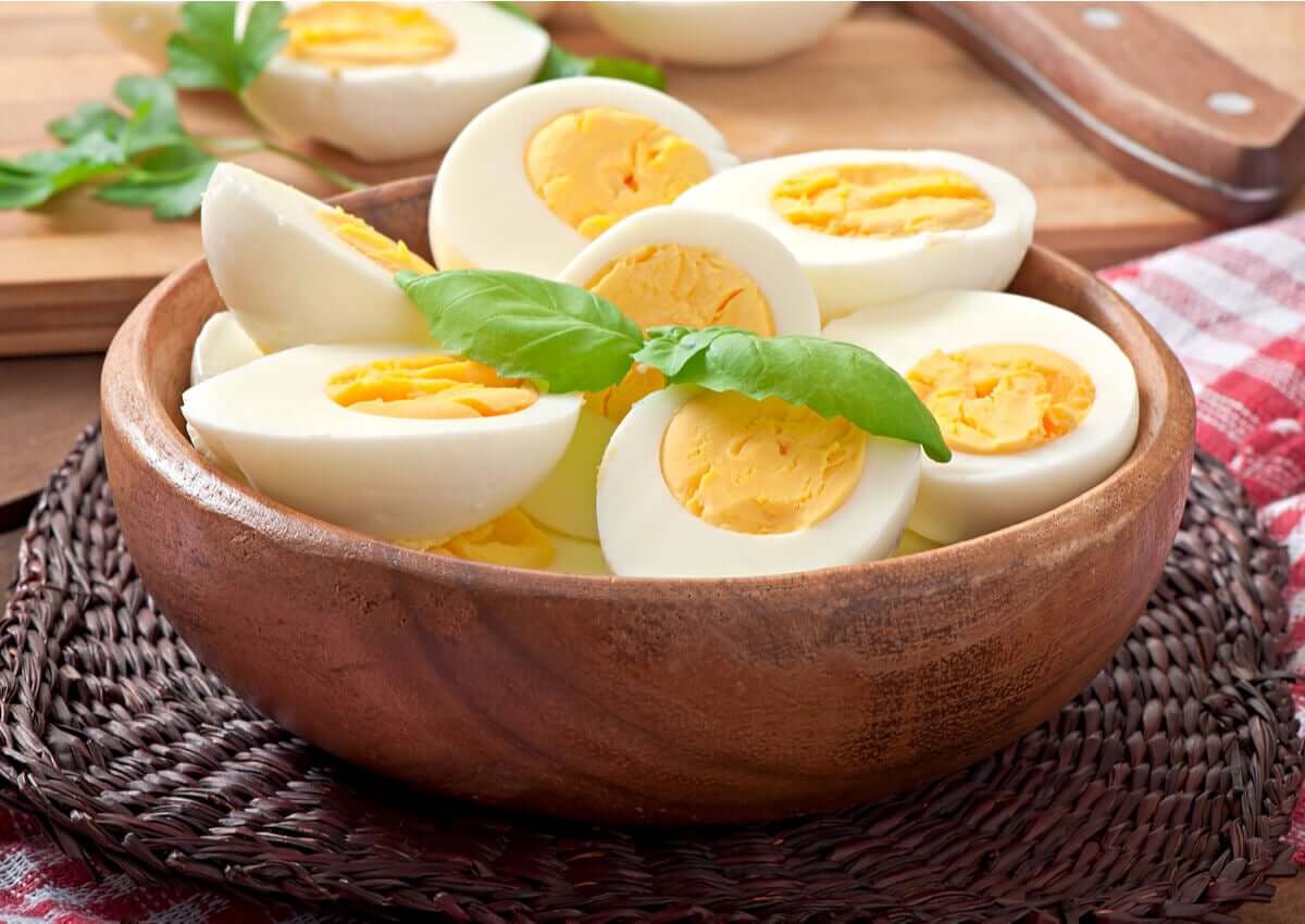 A few boiled eggs in a bowl.